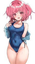 Rule 34 | 1girl, b4 (yonten), blue one-piece swimsuit, blush, breasts, commentary, covered navel, doki doki literature club, gluteal fold, groin, hair ornament, hairclip, highres, jacket, looking at viewer, natsuki (doki doki literature club), off shoulder, one-piece swimsuit, open mouth, pink eyes, pink hair, school swimsuit, simple background, solo, swimsuit, teeth, two side up, wet, white background