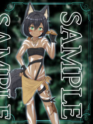 Rule 34 | 1girl, animal ears, bandeau, black bandeau, black gloves, black hair, blush, breasts, brown sarong, closed mouth, commentary request, dagger, dark-skinned female, dark skin, feet out of frame, fingerless gloves, gloves, green eyes, hair between eyes, highres, jewelry, kitsunerider, knife, leg holster, looking at viewer, navel, necklace, original, sample watermark, sarong, short hair, small breasts, smile, solo, tail, tan, tattoo, tooth necklace, tribal, tribal tattoo, watermark, weapon, wolf ears, wolf girl, wolf tail