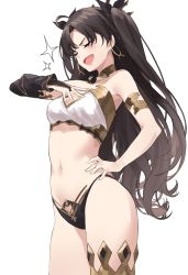 Rule 34 | 1girl, :d, absurdres, ahoge, bare shoulders, bikini, black bikini, black hair, breasts, cowboy shot, earrings, closed eyes, fate/grand order, fate (series), hair ribbon, hand on own hip, hand on own chest, highleg, highleg bikini, highres, hoop earrings, ishtar (fate), ishtar (fate), jewelry, long hair, medium breasts, mismatched bikini, navel, open mouth, ribbon, simple background, single thighhigh, smile, smug, solo, sparkle, standing, star741, stomach, swimsuit, thighhighs, thighs, two side up, white background, white bikini