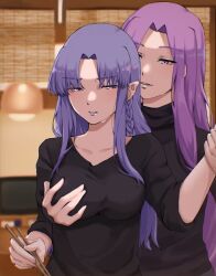 Rule 34 | 2girls, black shirt, black sweater, blue eyes, blue hair, braid, breasts, chopsticks, collarbone, fate/stay night, fate (series), grabbing, grabbing another&#039;s breast, grabbing from behind, groping, holding another&#039;s hand, holding another&#039;s wrist, holding utensil, long hair, long sleeves, looking at another, looking back, medea (fate), medusa (fate), medusa (rider) (fate), multiple girls, nikumaki43, pointy ears, purple eyes, purple hair, restrained, shirt, sleeves rolled up, standing, sweat, sweater, television, yuri