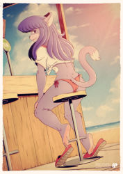 Rule 34 | 1girl, absurdres, animal ears, animal nose, artist name, ass, back, bar (place), bar stool, beach, bikini, bikini bottom only, blue sky, body fur, border, borrowed character, cat ears, cat girl, cat tail, cloud, crop top, day, deviantart username, feet, female focus, fox-pop vli, from behind, full body, furaffinity username, furry, furry female, hand on own knee, happy, highres, legs, light rays, long hair, looking at viewer, looking back, matching hair/eyes, ocean, on stool, open mouth, original, outdoors, purple eyes, purple fur, purple hair, red bikini, red footwear, retro artstyle, sand, shirt, shoes, short sleeves, side-tie bikini bottom, sidelocks, single shoe, sitting, sky, smile, snout, soles, solo, stool, sunlight, swimsuit, tail, tied shirt, toes, twitter username, two-tone fur, water, watermark, white border, white shirt