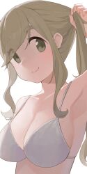 Rule 34 | 1girl, arm up, armpits, bikini, breasts, collarbone, commentary, eyes visible through hair, fang, fang out, highres, hiroki (yyqw7151), inuyama aoi, large breasts, looking at viewer, simple background, skin fang, smile, solo, swimsuit, thick eyebrows, upper body, white background, white bikini, yurucamp