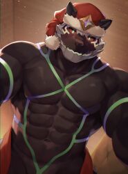 Rule 34 | 1boy, abs, animal ears, bara, colored sclera, commentary request, furry, furry male, green eyes, hat, highres, live a hero, looking at viewer, male focus, monomasa (live a hero), muscular, muscular male, pectorals, ponzu tas, red sclera, santa hat, wolf boy, wolf ears