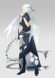 Rule 34 | 1boy, arm at side, armband, black footwear, caviar, eyepatch, food fantasy, full body, grey background, grey eyes, hand up, highres, male focus, mei1016, personification, shoes, simple background, solo, standing, tail, white hair, wings, zipper