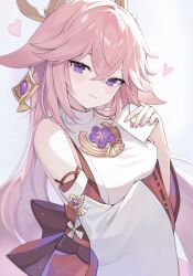 Rule 34 | :3, animal ears, bare shoulders, blush, breasts, earrings, floppy ears, fox ears, genshin impact, hair between eyes, heart, heart-shaped pupils, highres, holding, holding letter, jewelry, large breasts, letter, love letter, misa1587, pink hair, purple eyes, simple background, solo, symbol-shaped pupils, upper body, yae miko