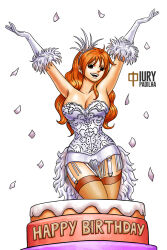 Rule 34 | arms up, breasts, brown eyes, cake, cleavage, curvy, earrings, fluffy, food, gloves, hair ornament, iury padilha, jewelry, large breasts, nami (one piece), one piece, orange hair, tagme, thighhighs, thighs, white gloves, wide hips