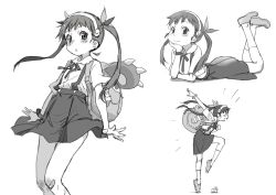 Rule 34 | 1girl, :o, arms up, backpack, bag, bakemonogatari, bandaid, bandaid on knee, bandaid on leg, child, commentary request, cowboy shot, feet up, from side, greyscale, hachikuji mayoi, hair ribbon, hairband, head rest, highres, itoma mahimahi, looking at viewer, lying, monochrome, monogatari (series), multiple views, on stomach, profile, ribbon, simple background, skirt, smile, snail, spread fingers, standing, standing on one leg, suspender skirt, suspenders, twintails, white background