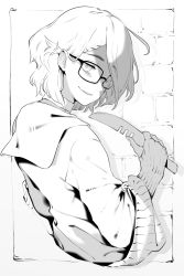 Rule 34 | 1boy, absurdres, border, braid, braided bangs, brick wall, choker, commentary request, cropped torso, fingerless gloves, from behind, glasses, gloves, greyscale, highres, holding, holding knife, indie virtual youtuber, jacket, knife, kushizaki (vtuber), long sleeves, looking at viewer, male focus, monochrome, outside border, parted lips, ribbed gloves, short hair, single braid, smile, solo, st (youx1119), virtual youtuber, white border, yandere