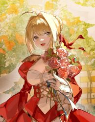 Rule 34 | 1girl, :d, absurdres, ahoge, bird, blonde hair, blurry, blurry background, bouquet, braid, breasts, cleavage, dress, fate/extella, fate/extella link, fate/extra, fate/extra ccc, fate/extra record, fate/grand order, fate (series), flower, green eyes, hair intakes, highres, holding, holding bouquet, large breasts, light, light particles, light smile, long hair, looking at viewer, mazinisang, nero claudius (fate), nero claudius (fate) (all), nero claudius (fate/extra), open mouth, red dress, red ribbon, ribbon, smile, solo, tree, upper body