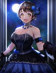 Rule 34 | 10s, 1girl, :d, apple brk, armband, bad id, bad twitter id, black dress, black gloves, blue flower, blue rose, breasts, brown hair, choker, cleavage, commentary, dress, earrings, floral print, flower, flower earrings, flower ornament, full moon, gloves, holding hands, idolmaster, idolmaster cinderella girls, jewelry, korean text, lace, large breasts, looking at viewer, moon, moonlight, night, night sky, oikawa shizuku, open mouth, portrait, pov, pov hands, rose, short hair, sky, sleeveless, smile, solo, solo focus, star (sky), starry sky, white gloves, yellow eyes