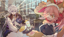Rule 34 | 1boy, 1girl, animal ear fluff, animal ears, animal hands, apron, bell, black dress, chinese clothes, covering own eyes, csyday, dazzled, dress, fang, fate/grand order, fate (series), food, fox ears, fox girl, fox tail, frilled apron, frilled dress, frills, glass, gloves, glowing, holding, holding plate, holding tray, jingle bell, maid, maid apron, maid headdress, neck bell, omelet, omurice, one eye closed, open mouth, paw gloves, pink hair, plate, ponytail, prince of lan ling (fate), puffy short sleeves, puffy sleeves, purple eyes, short sleeves, silver hair, table, tail, tamamo (fate), tamamo cat (fate), tamamo cat (second ascension) (fate), tray, yellow eyes