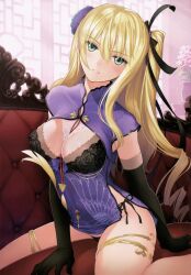 Rule 34 | 1girl, absurdres, aqua eyes, arm support, black gloves, black panties, blonde hair, blush, breasts, china dress, chinese clothes, cleavage, clothing cutout, couch, dress, elbow gloves, gloves, hair ornament, head tilt, highres, indoors, jin-lian (tony taka), long hair, medium breasts, original, panties, parted lips, scan, shiny skin, short dress, side ponytail, simple background, sleeveless, solo, thigh strap, thighs, tony taka, underwear