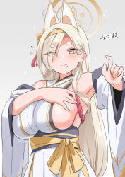 Rule 34 | 1girl, animal ears, armpits, blonde hair, blue archive, blush, breasts, eyeliner, eyes visible through hair, fox ears, grabbing own breast, hair over one eye, halo, highres, japanese clothes, kaho (blue archive), large breasts, long hair, mole, mole under mouth, obi, red eyeliner, sash, sideboob, solo, very long hair, wide sleeves, yuuichi (reductionblack)