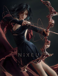 Rule 34 | 1girl, archery, bare shoulders, black dress, black hair, bow (weapon), breasts, cape, chain, cleavage, closed mouth, cutout above navel, dress, fantasy, feet out of frame, focused, forehead, hair between eyes, highres, holding, holding bow (weapon), holding weapon, jewelry, light particles, mole, mole under eye, necklace, nixeu, off-shoulder dress, off shoulder, original, realistic, red cape, red eyes, red lips, scenery, skull, sleeves past wrists, standing, weapon