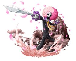 Rule 34 | 1boy, afro, black jacket, black pants, bodskih, brook (one piece), cherry blossoms, holding, holding sword, holding weapon, jacket, long hair, male focus, necktie, one piece, one piece treasure cruise, open mouth, pants, pink hair, purple shirt, shiny clothes, shirt, skull, solo, sword, transparent background, weapon, yellow necktie