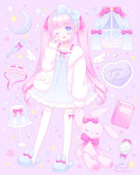 Rule 34 | 1girl, ;o, animal slippers, blue bow, blue dress, blue eyes, blue footwear, blue hairband, blush, bow, bunny slippers, collarbone, commentary request, curtains, detached wings, dress, frilled dress, frills, full body, hair bow, hair brush, hairband, hand mirror, heart, highres, himetsuki luna, holding, holding stuffed toy, jacket, lamp, lampshade, long hair, long sleeves, mini wings, mirror, one eye closed, open clothes, open jacket, open mouth, original, pink background, pink hair, puffy long sleeves, puffy sleeves, sleep mask, sleeves past wrists, slippers, solo, standing, standing on one leg, star (symbol), stuffed animal, stuffed rabbit, stuffed toy, thighhighs, twintails, very long hair, white jacket, white thighhighs, white wings, window, wings