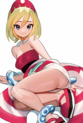 Rule 34 | 1girl, absurdres, ass, bare legs, bare shoulders, blonde hair, blue eyes, bracelet, breasts, closed mouth, commentary, creatures (company), game freak, hair ornament, highres, irida (pokemon), jewelry, looking at viewer, lying, medium breasts, neck ring, nia (nia4294), nintendo, on side, pokemon, pokemon legends: arceus, red shirt, shirt, shoes, short hair, shorts, simple background, solo, strapless, symbol-only commentary, thighs, waist cape