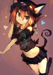 Rule 34 | 1girl, :3, absurdres, animal ears, bare shoulders, black shirt, black skirt, brown background, brown eyes, brown hair, cat ears, cat tail, fake animal ears, folded ponytail, hair between eyes, hat, heart, highres, inazuma (kancolle), kaamin (mariarose753), kantai collection, looking at viewer, midriff, off shoulder, over-kneehighs, pleated skirt, shirt, skirt, smile, solo, tail, thighhighs, tied shirt