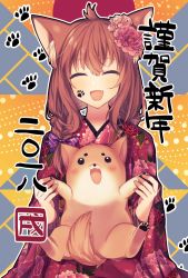 Rule 34 | 1girl, :d, ^ ^, animal, animal ears, brown hair, closed eyes, commentary request, dog, dog ears, fang, floral print, hair between eyes, happy new year, holding, holding animal, japanese clothes, kimono, long hair, minamiya mia, new year, open mouth, original, paw print, paw print background, purple kimono, seiza, sitting, smile, solo