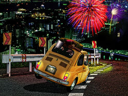 Rule 34 | bridge, car, castle of cagliostro, city, fiat, fiat 500, fireworks, highres, lupin iii, motor vehicle, road, silhouette, third-party edit, vehicle