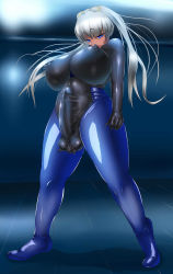 Rule 34 | 1futa, blue eyes, blush, bodysuit, breasts, bulge, caressing testicles, covered erect nipples, curvy, dark skin, erection, erection under clothes, futanari, groping, highres, huge breasts, latex, long hair, nipples, open mouth, penis, shiny clothes, skin tight, solo, testicles, thighs, through clothes, tongue, tongue out, totoya, twintails, white hair