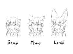 1girl animal_ear_fluff animal_ears commentary_request greyscale inubashiri_momiji looking_at_viewer messy_hair monochrome multiple_views otomen_maru-no-uchi pom_pom_(clothes) short_hair simple_background touhou upper_body white_background wolf_ears wolf_girl