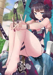 Rule 34 | 1girl, bare shoulders, barefoot, beach chair, bikini, blue eyes, blush, breasts, calligraphy brush, closed mouth, commentary request, fate/grand order, fate (series), feet, floral print, flower, goggles, goggles on head, hair flower, hair ornament, katana, katsushika hokusai (fate), katsushika hokusai (swimsuit saber) (fate), knees up, legs, looking at viewer, medium breasts, outdoors, paintbrush, purple hair, revision, sash, senbon tsuki, short hair, sitting, smile, solo, swimsuit, sword, thigh strap, thighs, weapon, white bikini