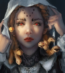 Rule 34 | 1girl, absurdres, commentary, copyright request, eyebrows, face, facepaint, snake hair, highres, hood, looking at viewer, red eyes, snake, snake hair, solo, tagme, white hood, zed (trungbui42)