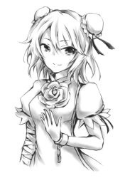 Rule 34 | 1girl, bad id, bad pixiv id, bandages, bun cover, chinese clothes, cuffs, double bun, female focus, flower, greyscale, ibaraki kasen, monochrome, shackles, solo, touhou, umitsu