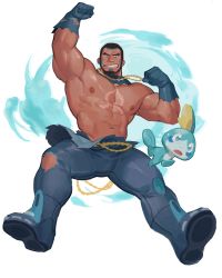 Rule 34 | 1boy, abs, absurdres, armpits, atcesolcyc, bara, beard, blue bodysuit, blue gloves, bodysuit, brown hair, bulge, chest tattoo, creatures (company), facial hair, facial mark, full body, game freak, gen 8 pokemon, gloves, gold necklace, highres, jewelry, jumping, large pectorals, male focus, matt (pokemon), muscular, muscular male, navel, necklace, nintendo, nipples, pants, pectorals, pokemon, pokemon (creature), pokemon oras, short hair, smirk, sobble, spread legs, tattoo, team aqua, thick thighs, thighs, topless male, torn bodysuit, torn clothes, torn pants