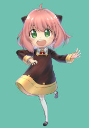 Rule 34 | 1girl, absurdres, ahoge, anya (spy x family), aqua background, black dress, black footwear, cactus41747280, child, dress, eden academy school uniform, eyelashes, flat chest, full body, green eyes, hairpods, highres, leg up, long sleeves, looking at viewer, mary janes, open mouth, pantyhose, pink hair, school uniform, shoes, short hair, solo, spy x family, standing, standing on one leg, teeth, upper teeth only, white pantyhose
