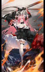 Rule 34 | 1girl, azur lane, bare shoulders, black dress, black hairband, breasts, character name, cleavage, copyright name, cross, detached collar, dress, fire, hair over one eye, hairband, highres, horns, iron cross, kazu satou, long hair, long sleeves, looking at viewer, medium breasts, open mouth, pink hair, prinz rupprecht (azur lane), purple eyes, scissors, signature, sleeves past fingers, sleeves past wrists, smoke, solo, thighhighs, water, white thighhighs, zettai ryouiki