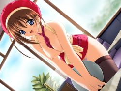 Rule 34 | 1girl, :d, apron, beret, between breasts, black thighhighs, blue eyes, blush, breasts, breasts out, breasts squeezed together, brown hair, censored, clothes between breasts, cloud, day, dutch angle, game cg, hat, indoors, iwasaki kouji, large breasts, leaning forward, long hair, mashita misao, medium breasts, mosaic censoring, naked apron, necktie, necktie between breasts, nipples, no bra, no panties, open mouth, plaid, plaid necktie, plaid neckwear, plant, pussy, red necktie, restaurant, short hair, sky, smile, solo, standing, tanjoubi, thigh gap, thighhighs, thighs, tray, waist apron, waitress, window
