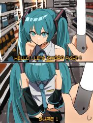 Rule 34 | 1girl, 1other, bare shoulders, black sleeves, black thighhighs, collared shirt, commentary, detached sleeves, english commentary, glowstick, green eyes, green hair, green necktie, hair ornament, hatsune miku, highres, holding, holding glowstick, implied futanari, indoors, miniskirt, mykokampfwagen, necktie, pleated skirt, pov, shirt, skirt, thighhighs, tile floor, tiles, vocaloid