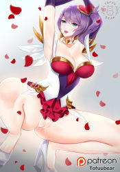 Rule 34 | 1girl, arms up, blue eyes, breasts, cleavage, cleft of venus, collarbone, detached collar, dress, elbow gloves, gloves, groin, hair ornament, high heels, league of legends, legs, lips, looking at viewer, medium breasts, no panties, patreon, patreon username, purple hair, pussy, pussy juice, quinn (league of legends), shiny clothes, shiny skin, shoes, solo, spread legs, squatting, stiletto heels, thighs, tofuubear, uncensored, white footwear