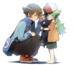 Rule 34 | 10s, 2boys, aged down, bag, barefoot, baseball cap, blouse, borrowed character, brown eyes, brown hair, creatures (company), from side, game freak, gen 5 pokemon, green eyes, green hair, hat, hilbert (pokemon), holding, kl (dgzonbi), long hair, male focus, multiple boys, n (pokemon), nintendo, orange shirt, pokemon, pokemon (creature), pokemon bw, shirt, short hair, shoulder bag, simple background, smile, standing, tears, time paradox, white background, zorua