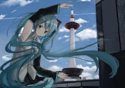 Rule 34 | 1girl, 73suke, absurdres, aqua eyes, aqua hair, aqua necktie, arm up, bare shoulders, black skirt, blue sky, blush, building, cloud, cloudy sky, commentary, day, detached sleeves, doyagao, forced perspective, grey shirt, hair ornament, hatsune miku, highres, holding, kyoto, kyoto tower, long hair, looking at viewer, necktie, outdoors, shirt, skirt, sky, sleeveless, sleeveless shirt, smile, smug, solo, twintails, upper body, v-shaped eyebrows, very long hair, vocaloid