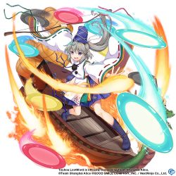 Rule 34 | 1girl, :d, black footwear, blue hat, blue skirt, boat, bow (weapon), copyright name, copyright notice, fire, full body, grey eyes, grey hair, hat, japanese clothes, kariginu, long hair, looking at viewer, mononobe no futo, official art, open mouth, plate, ponytail, ribbon-trimmed sleeves, ribbon trim, rotte (1109), skirt, smile, solo, tate eboshi, touhou, touhou lostword, v-shaped eyebrows, watercraft, weapon, white background