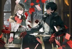 Rule 34 | 2boys, absurdres, akechi gorou, amamiya ren, ameinu, black hair, black suit, board game, brown eyes, brown hair, calling card, chair, chess, chessboard, floating card, formal, gloves, grey eyes, highres, holding chess piece, indoors, looking at viewer, military uniform, multiple boys, night, persona, persona 5, red gloves, short hair, sitting, smile, suit, table, too many cards, uniform, very short hair, white suit, window