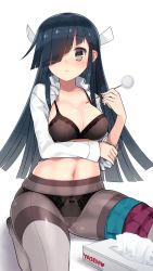 Rule 34 | 10s, 1girl, black bra, black eyes, black panties, blue hair, blush, bow, bow panties, bra, breast hold, breasts, cameltoe, cleavage, grey pantyhose, hair over one eye, hair ribbon, hayashimo (kancolle), highres, image sample, kantai collection, kuro chairo no neko, lace, lace-trimmed bra, lace-trimmed panties, lace trim, large breasts, looking at viewer, md5 mismatch, mimikaki, navel, open clothes, open shirt, panties, panties under pantyhose, pantyhose, pleated skirt, resolution mismatch, ribbon, shirt, simple background, sitting, skirt, skirt around one leg, smile, solo, source larger, thighband pantyhose, tissue box, underwear, wariza, white background