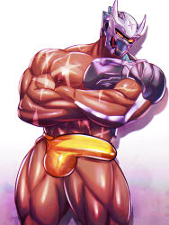Rule 34 | 1boy, abs, absurdres, bara, bulge, covered penis, crossed arms, danzo (live a hero), dark-skinned male, dark skin, erection, erection under clothes, eros (erosterone), helmet, highres, large pectorals, live a hero, male focus, male underwear, multiple scars, muscular, muscular male, navel, nipples, pectorals, scar, scar on chest, solo, standing, stomach, thick thighs, thighs, topless male, underwear, yellow male underwear