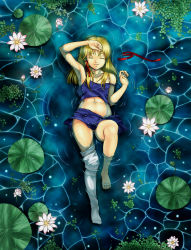 Rule 34 | 1girl, armpits, barefoot, blonde hair, enmatime, closed eyes, female focus, highres, lily pad, midriff, moriya suwako, ribbon, single thighhigh, solo, submerged, thighhighs, touhou, water, wet, wet clothes, white thighhighs