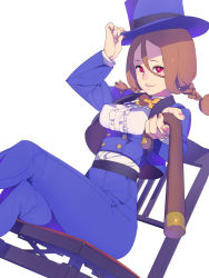 Rule 34 | 1girl, belt, blue hat, blue jacket, blue pants, bow, bowtie, braid, brown hair, buttons, cane, chair, closed mouth, corset, crossed legs, double-breasted, dutch angle, enkyo yuuichirou, fingernails, grey shirt, hair between eyes, hand on headwear, hat, high-waist pants, highres, hisho collection, holding, jacket, long sleeves, looking at viewer, nail polish, pants, perspective, pink nails, red eyes, shirt, simple background, sitting, smile, solo, top hat, twin braids, white background, yellow bow, yellow bowtie