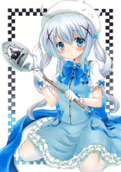 Rule 34 | 1girl, adapted costume, alternate hairstyle, blue bow, blue bowtie, blue eyes, blue hair, blue skirt, blue vest, blush, bow, bowtie, breasts, brooch, buttons, character hat, closed mouth, commentary, flower, frilled skirt, frills, gloves, gochuumon wa usagi desu ka?, hair flower, hair ornament, hairclip, hat, holding, holding staff, jewelry, kafuu chino, light blue hair, long hair, looking at viewer, magical girl, marker (medium), millipen (medium), pantyhose, puffy short sleeves, puffy sleeves, ren (endscape20), shadow, shirt, short sleeves, sidelocks, sitting, skirt, small breasts, solo, spoon, staff, tippy (gochiusa), traditional media, twintails, vest, wariza, white background, white gloves, white hat, white pantyhose, white shirt, x hair ornament