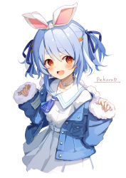 Rule 34 | 1girl, :d, bad id, bad twitter id, belt, blue hair, blue jacket, blue neckerchief, blue ribbon, blush, brat (brabrabrat00), carrot hair ornament, character name, choker, commentary request, dress, food-themed hair ornament, hair ornament, hair ribbon, hands up, highres, hololive, jacket, long sleeves, multicolored hair, neckerchief, official alternate costume, open clothes, open jacket, open mouth, red eyes, ribbon, sailor collar, short eyebrows, short hair, sideways glance, simple background, sleeves past wrists, smile, solo, streaked hair, thick eyebrows, usada pekora, usada pekora (casual), virtual youtuber, white background, white belt, white choker, white dress, white hair, white sailor collar