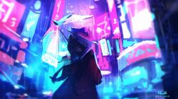 Rule 34 | 1girl, absurdres, arm at side, black hair, city, cowboy shot, dated, facing ahead, from behind, highres, holding, holding umbrella, jacket, jill stingray, long hair, long sleeves, neon lights, outdoors, rain, red jacket, rnna, signature, solo, transparent, transparent umbrella, twintails, umbrella, va-11 hall-a