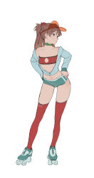 Rule 34 | 1girl, alternate costume, aqua footwear, aqua jacket, aqua shorts, bandeau, bare shoulders, blue eyes, breasts, brown hair, buckle, casual, closed mouth, collar, collarbone, contrapposto, cropped jacket, cross-laced footwear, expressionless, female focus, full body, green collar, hair ornament, hands on own hips, highres, jacket, long hair, long sleeves, looking afar, looking to the side, midriff, navel, neon genesis evangelion, off shoulder, open clothes, open jacket, partially unzipped, red legwear, roller skates, see-through, short shorts, shorts, simple background, skates, sleeve cuffs, small breasts, solo, souryuu asuka langley, standing, strapless, timbougami, two side up, unzipped, visor cap, white background, zipper, zipper pull tab