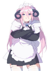 Rule 34 | 1girl, apron, ascot, black dress, blue eyes, blush, crossed arms, curled horns, dress, hair between eyes, highres, horns, long hair, long sleeves, looking at viewer, maid, maid headdress, original, pink hair, pleated dress, solo, sylvia (huajiuhuajiu), thighhighs, twintails, very long hair, white apron, white ascot, white background, white thighhighs