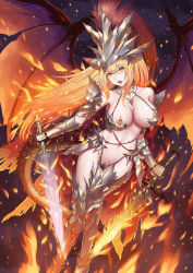 Rule 34 | 1girl, :o, absurdres, armor, bad id, bad pixiv id, bare shoulders, breasts, cleavage, crotch plate, dark background, dragon tail, dragon wings, dual wielding, fire, flaming sword, flaming weapon, full body, gauntlets, greaves, grey legwear, helmet, high ponytail, highres, holding, holding sword, holding weapon, jewelry, knight, large breasts, long hair, looking at viewer, navel, necklace, orange eyes, original, rinmmo, sword, tail, thighs, very long hair, weapon, wings