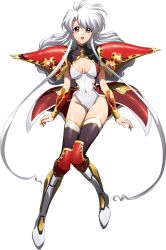 Rule 34 | 1girl, :d, armor, armored boots, asymmetrical bangs, black legwear, blush, boots, breasts, brown eyes, claret (langrisser), cleavage, faulds, full body, hair between eyes, highres, langrisser, langrisser v, leotard, long hair, looking at viewer, medium breasts, official art, open mouth, shiny clothes, shiny legwear, shiny skin, shoulder armor, sidelocks, silver hair, smile, solo, swept bangs, transparent background, very long hair, white leotard